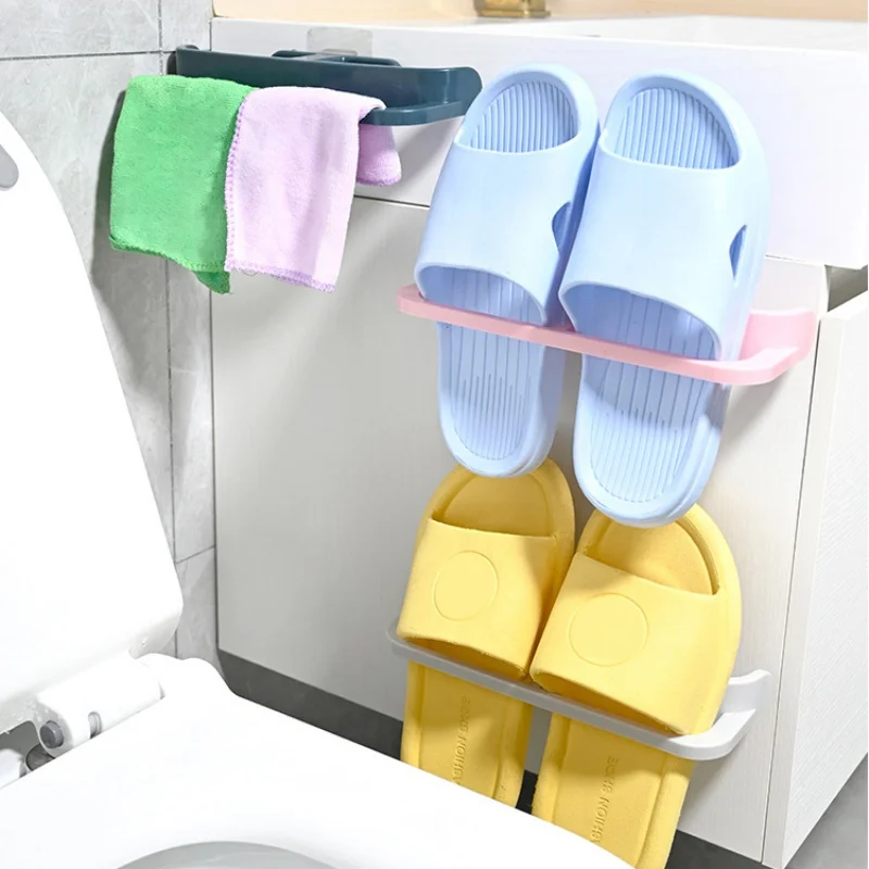 Non-perforated Bathroom Slippers Rack Wall Hanging Toilet Slippers Storage Rack Towel Rack Plastic Shoe Storage Rack Dropshiping