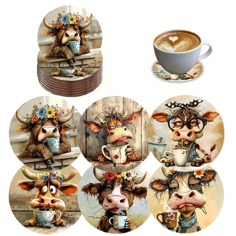 Ein 6-teiliges Set Runder Holzuntersetzer mit Kalb-Muster-Motiv, Geeignet für Wohnzimmer, Schlafzimmer und als Weihnachtsgeschenke