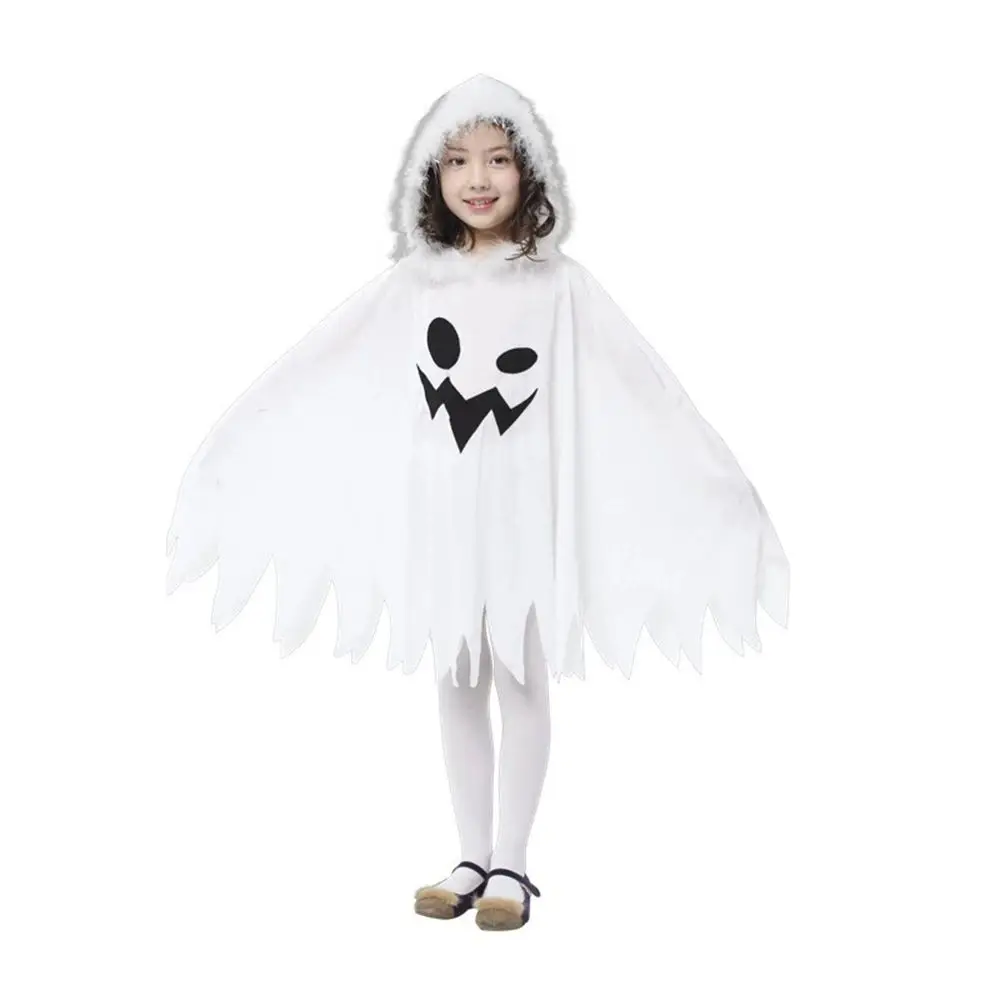 Halloween Children's White Ghost Printed Hooded Cloak Cosplay Elf Fancy Dress Up Boys Girls Carnival Party Role-playing Costume