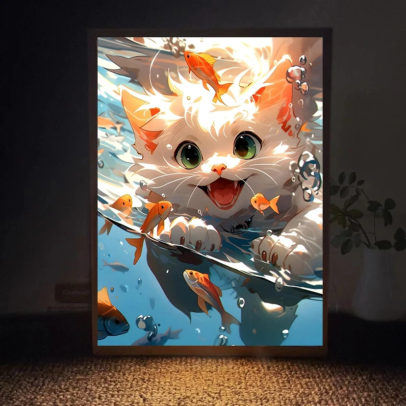 Anime Cat LED Light Painting Night Lamp Led Lamp Photo Frame Animal Landscape Bedside Decoration Tricolor Picture Christmas Gift