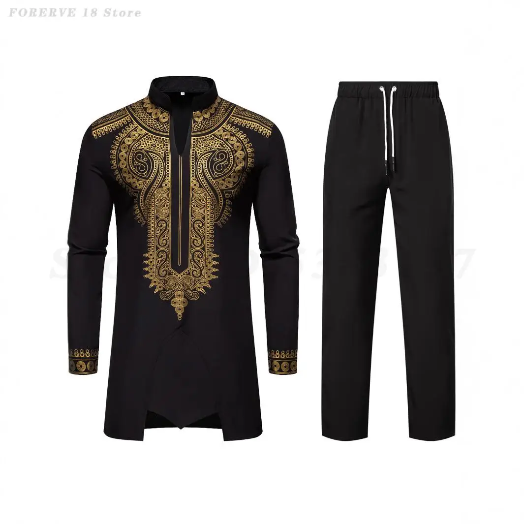 Fashion African Clothing Retro Ethnic Style Muslim Robe Trousers Suit Men Traditional Print Golden Flowers Shirt Cosplay Costume