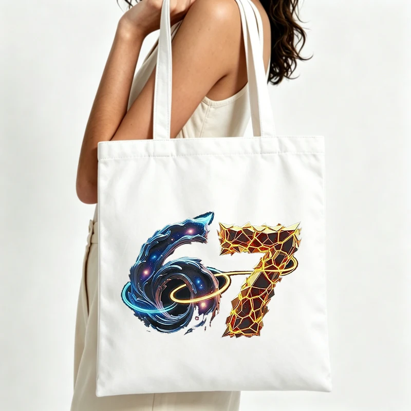 abstract number print canvas tote bag with cosmic and geometric design, ideal for casual daily use and weekend outings