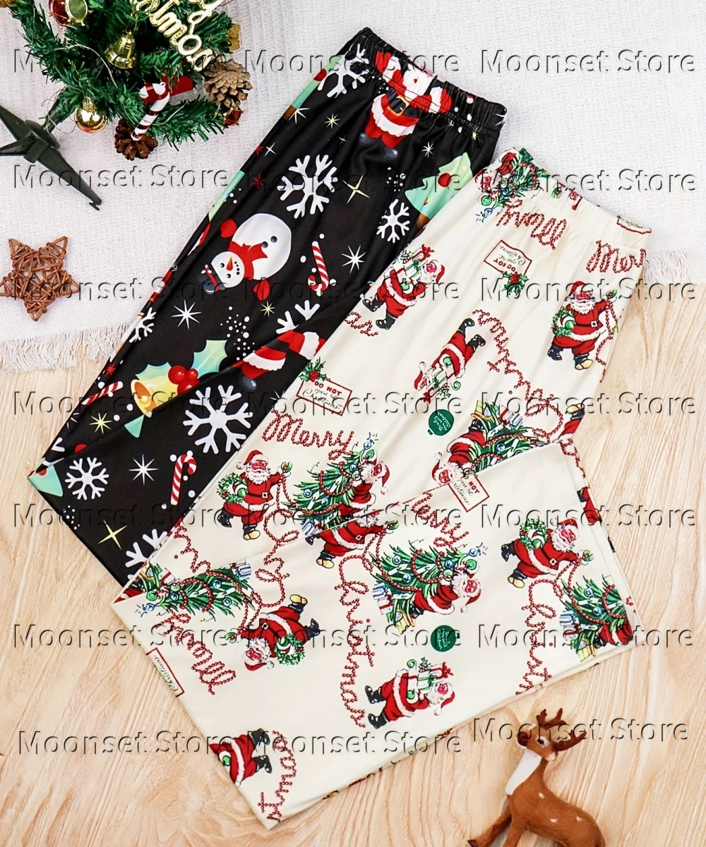 2027 Soft Milk Silk Women Christmas Sleep Pants Full Print Santa Snowflake Xmas Tree Elastic Loose Long Trousers Casual Pant
