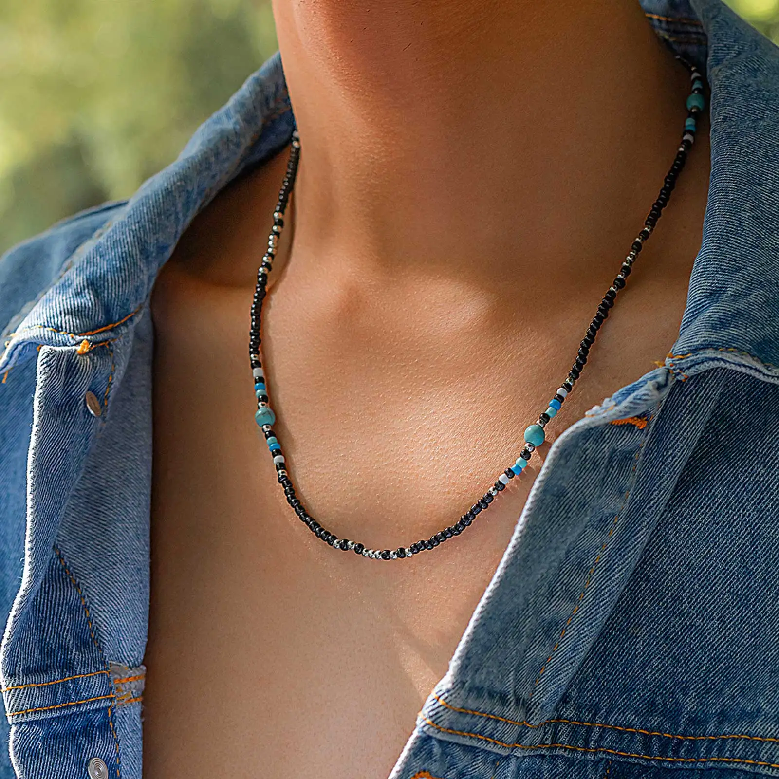 Synthetic Turquoise Necklaces for Men Boys,Mini Black Beaded Necklaces,Summer Beach Male Jewelry