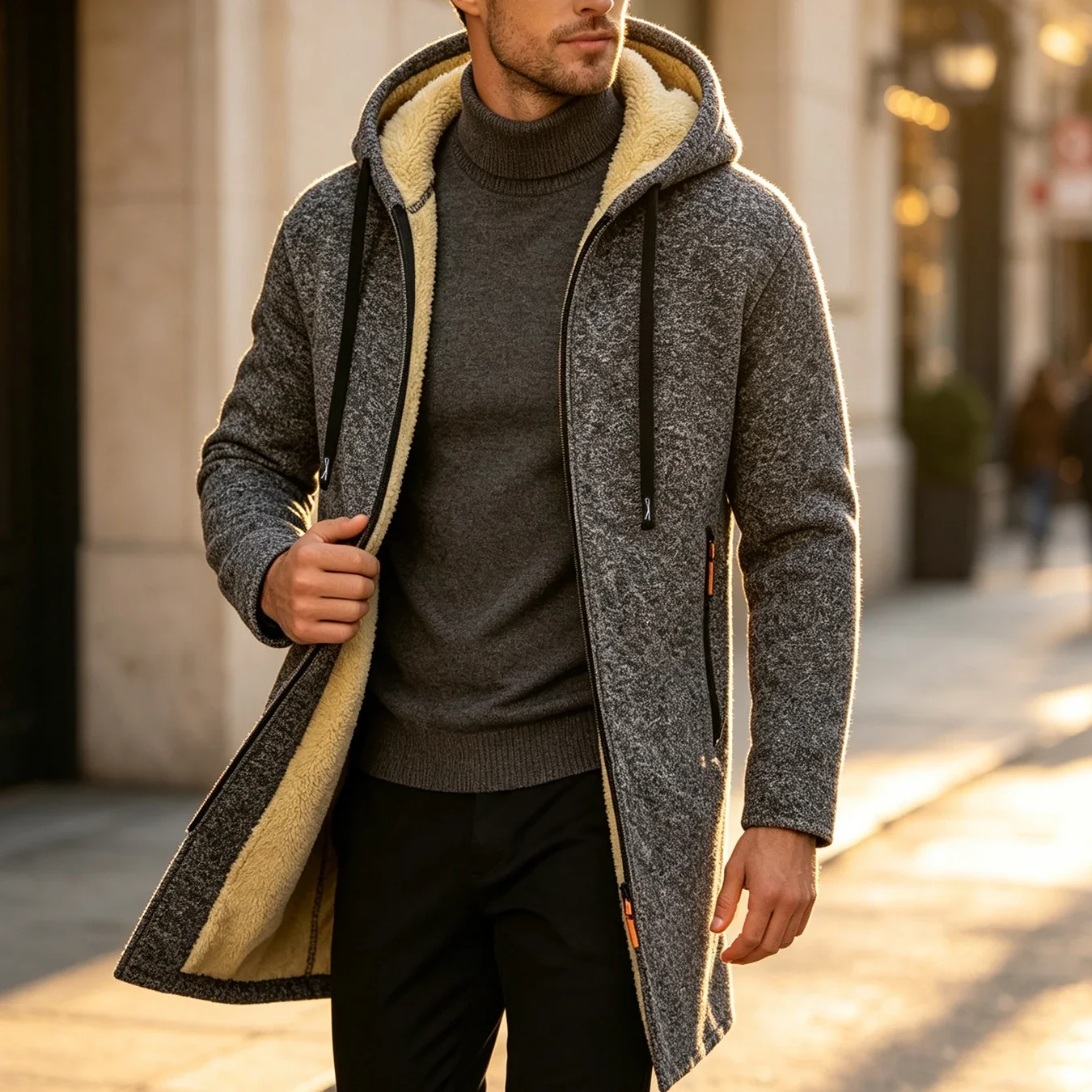 Autumn Winter Men Mid-Long Zip Hooded Coat Warm Inner Lining Drawstring Hood Jacket Casual Long Sleeve Outerwear