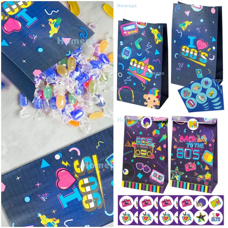 24Pcs 1990s sacchetti di carta bomboniere con adesivi 1980s Goodie trattare decorazione Vintage imballaggio snack caramelle per la raccolta