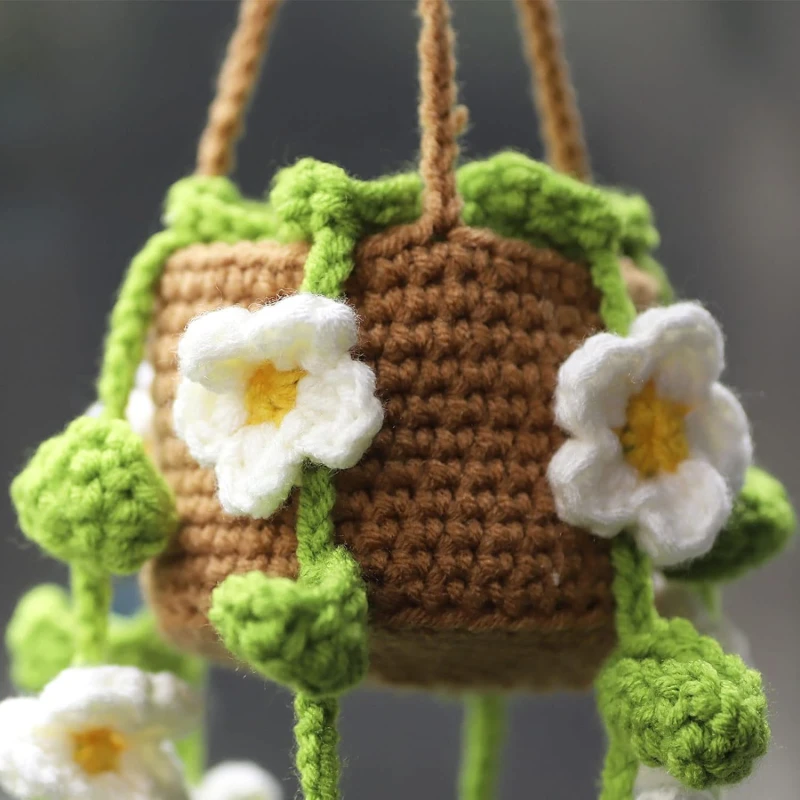 Crochet Plants Vine Hanging Basket Artificial Flowers Handmade Gift For Her Room Home Wall Decor Car Mirror Ornament Accessories