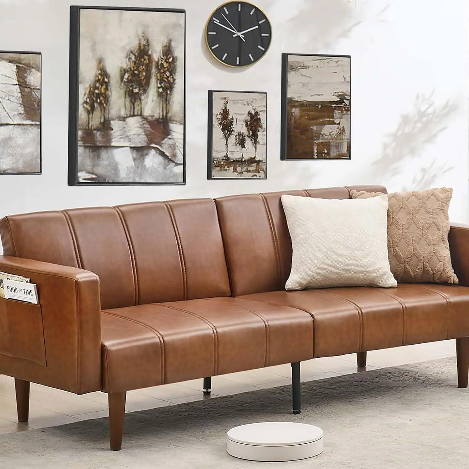 Convertible PU Leather Futon Sofa Bed 75in Adjustable Backrest Loveseat Side Pockets Easy Assembly Living Room, Customized