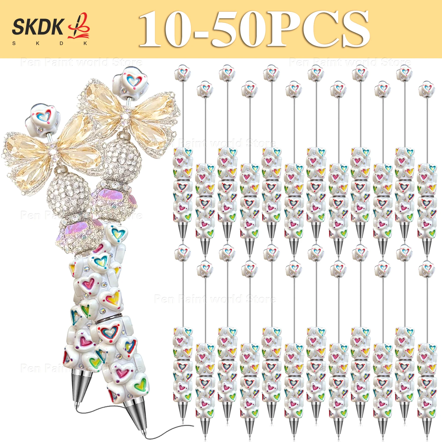 

10-50Pcs DIY Clay Heart Pearl Bead Pen — Cute Ballpoint Pen for Journals, Students, and Gift Bags