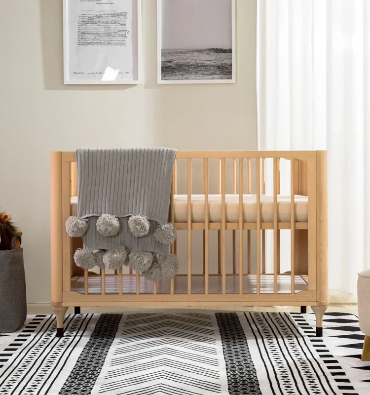 Customized Size And Color Mute Movable Baby Bed Wood Foldable Baby Crib With Foam