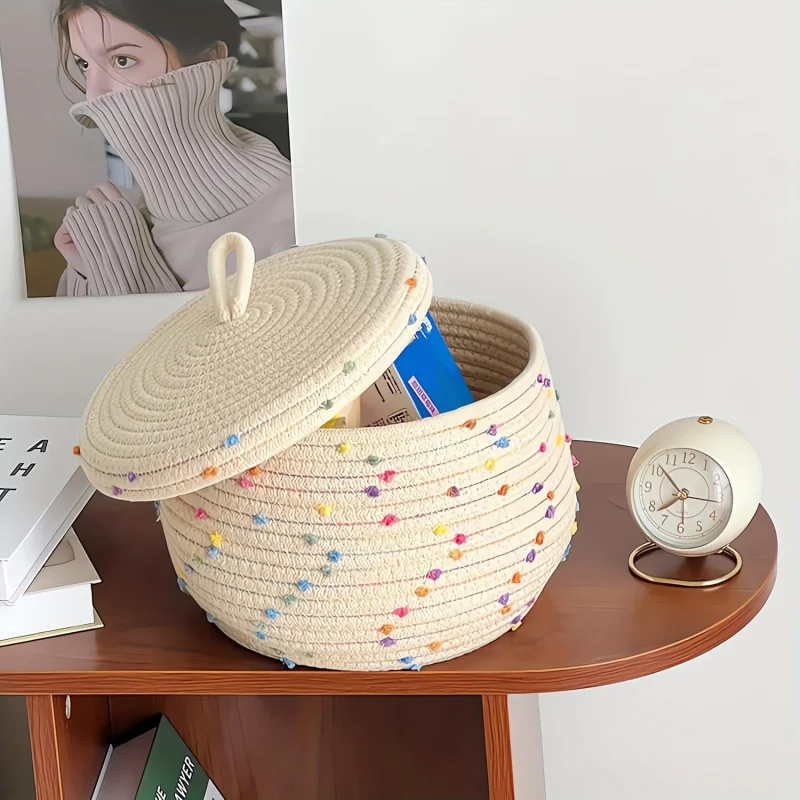 

Vibrant & Versatile Storage Basket with Lid, Woven 10x6" Round Bin for Organizing Toys, Crafts, and Home Decor Accents