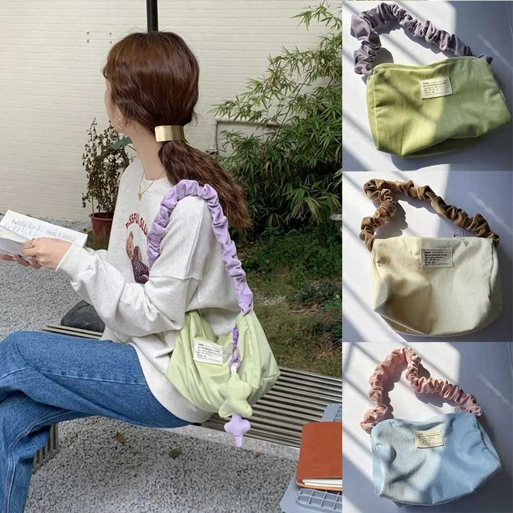 Pleated Strap Corduroy Retro Underarm Bag Simple Korean Style Solid Color Shoulder Bag Large Capacity Handbag Travel