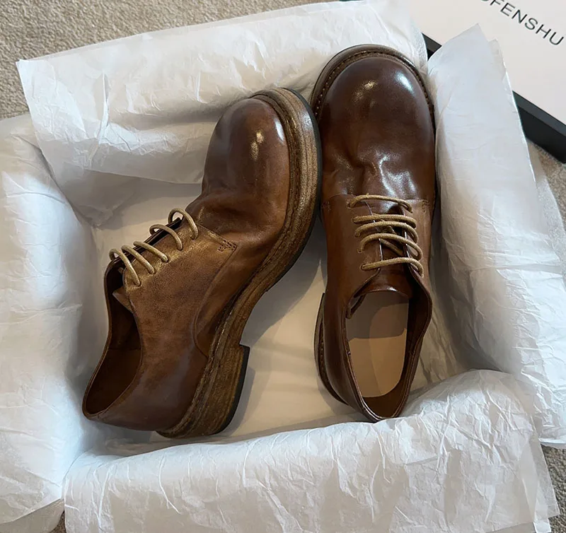 Washed Retro Vintage Made Small Leather Shoes Women's Genuine Leather Mid Heeled Derby Style Oxford Single Shoes