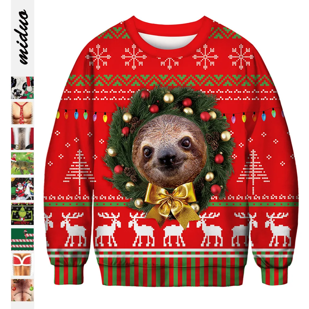 

Hot Sale Christmas Sloth Digital Print Unisex Round Neck Sweater Polyester Winter Long Sleeved Party Birthday Xmas Pullover