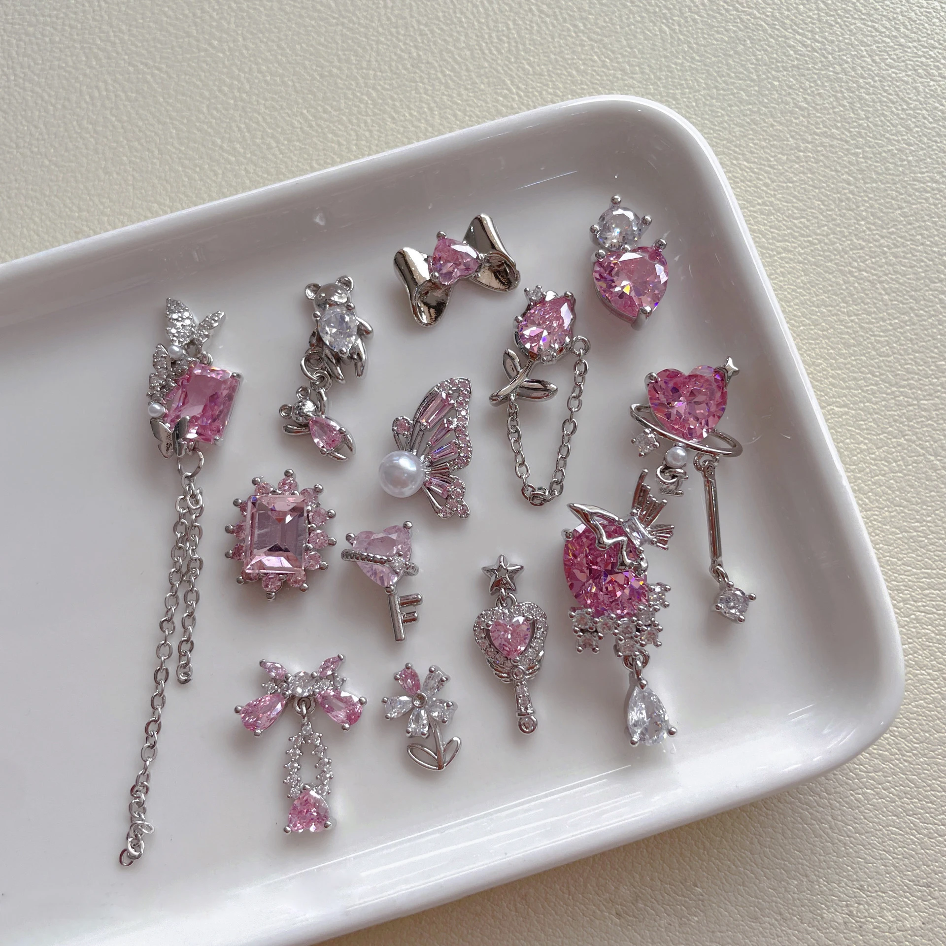 5PCS New hot selling nail art pink stone series luxurious zircon rose butterfly heart jewelry bow and diamond decoration