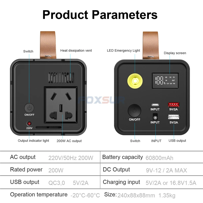 Power Bank with Flashlight 60800mAh 220V 200W AC Output Powerbank Fast Charging for Laptop Notebook Mobile Phone Power Station