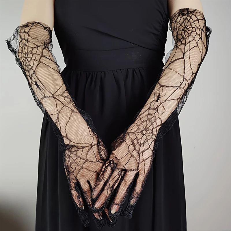 1Pair Black Halloween Gloves Gothic Long Spider Web Hollow Out Gloves Arm Sleeves Party Women Sexy Half Finger Lace Mesh Mittens