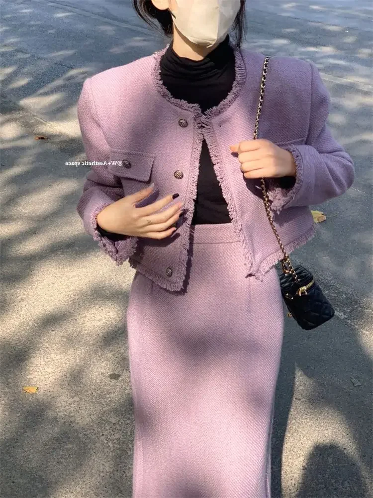 Insozkdg Elegant Purple Small Fragrant Style High-Level Women Suit Jacket Skirt Spring Autumn Puff Sleeve Coat Long 2-piece Sets