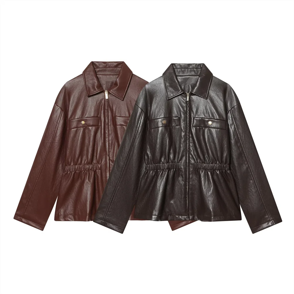 

2026 New Women's Fashion Long Sleeve Turned-Up Collar Elastic Waist Synthetic Leather Jacket Short Coat