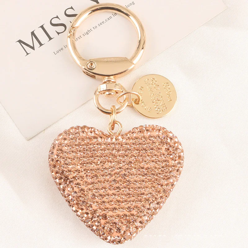 Full Rhinestone Heart Key Chains Women Handbag Pendant Keyring Solid Color Crystal Key Chain Couple Peach Heart Key Rings