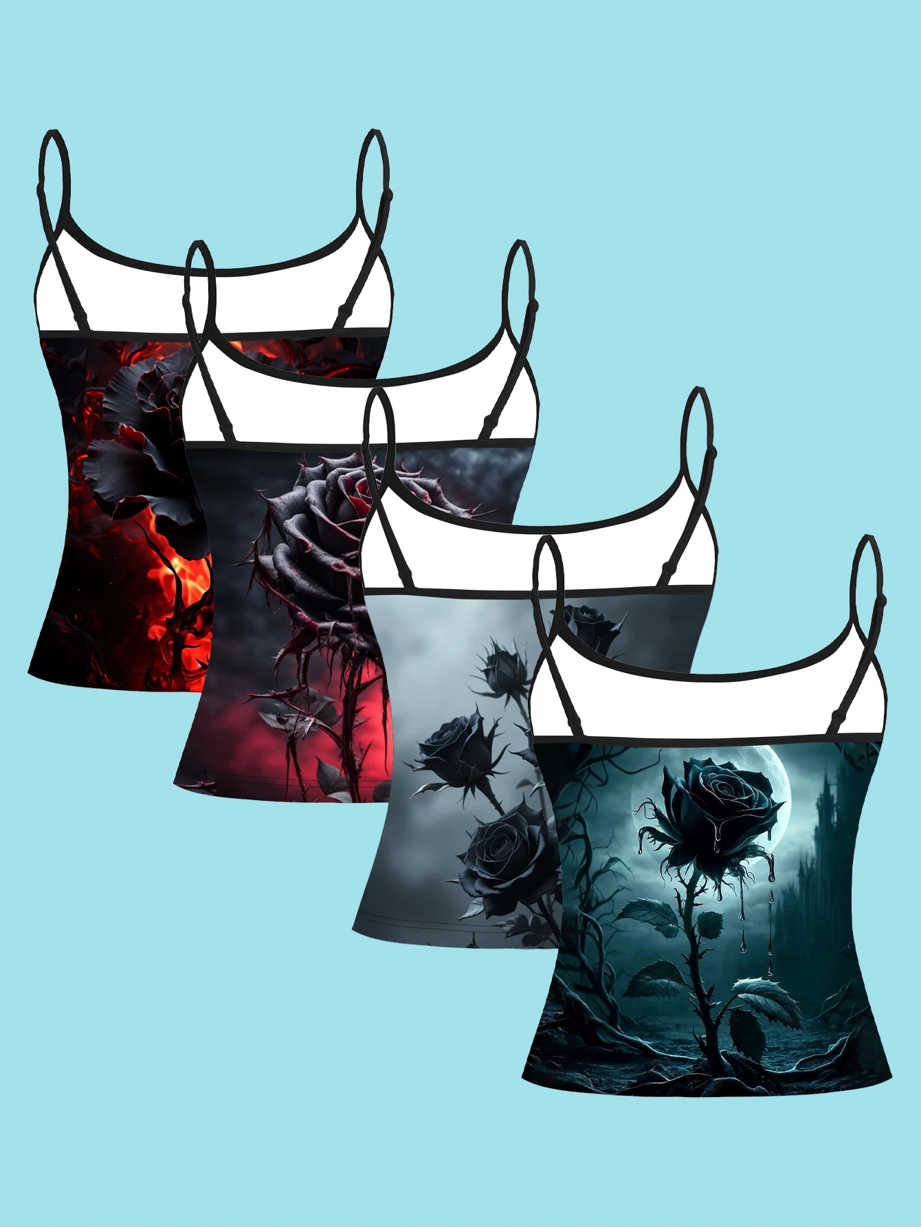 Women's 4-Piece Printed Camisole Set with Designs of Red Flame Black Roses, Thorn-Dotted Bleeding Black Roses, Gray Mist Multiple Black Roses, and Moonlit Castle Single Black Rose, Slim-Fit Sleeveless Outerwear Tops