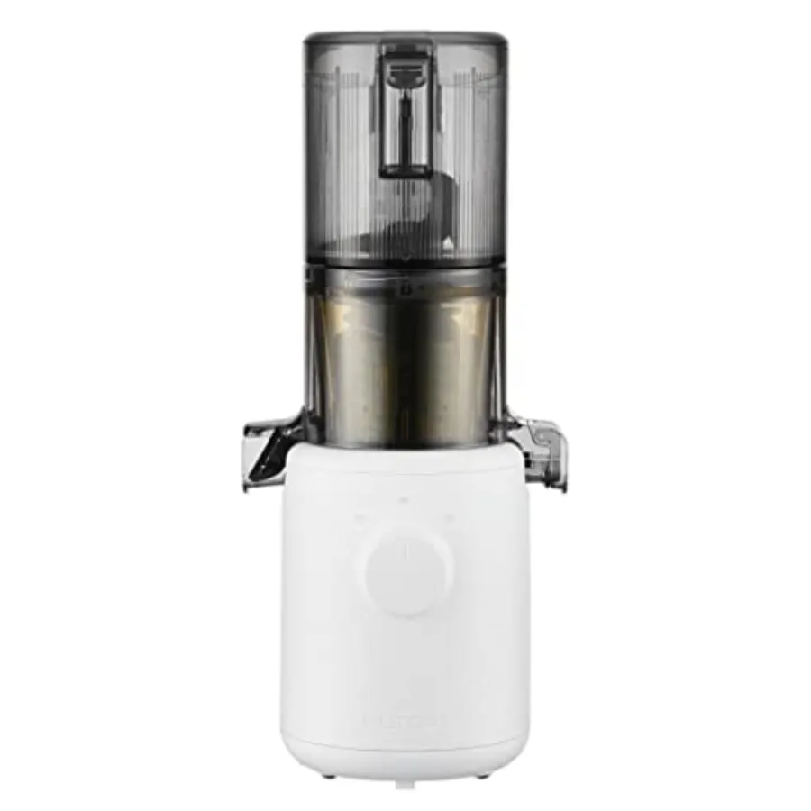 

Компактная белая соковыжималка холодного отжима с тихим мотором и загрузочным отверстием для целых фруктов, обеспечивающая легкую очистку и сборку.