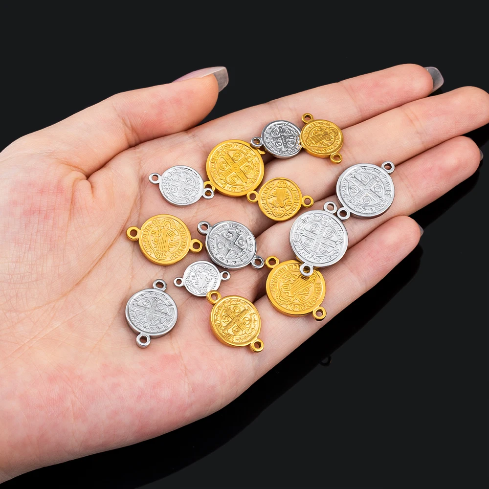 Ciondolo rotondo a doppio foro con croce in acciaio inossidabile da 5 pezzi per collana fai da te, connettore per bracciale, accessori per la creazione di gioielli religiosi