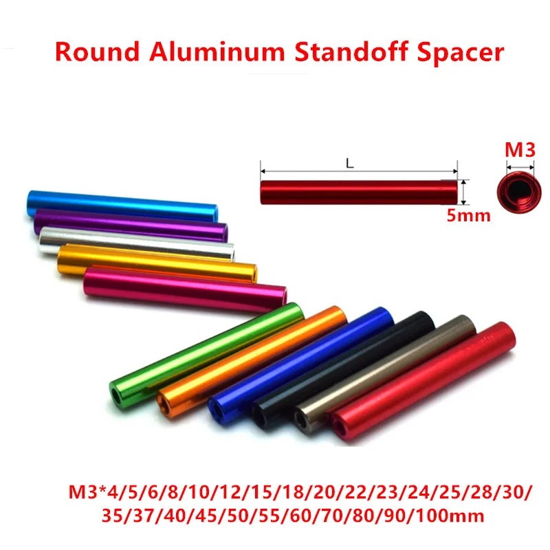 10pcs/lot M3 Aluminum Standoffs D=5mm Anodized colourful aluminum Column Rods round standoff spacer Length 4mm to 100mm