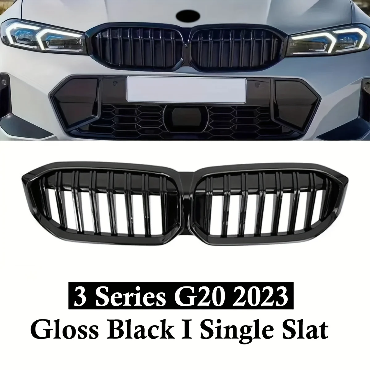 For BMW G20 G21 G28 320i 330i M340i 2023-2024 Front Kidney Grille Single Line Replacement Grill Gloss Black view 2