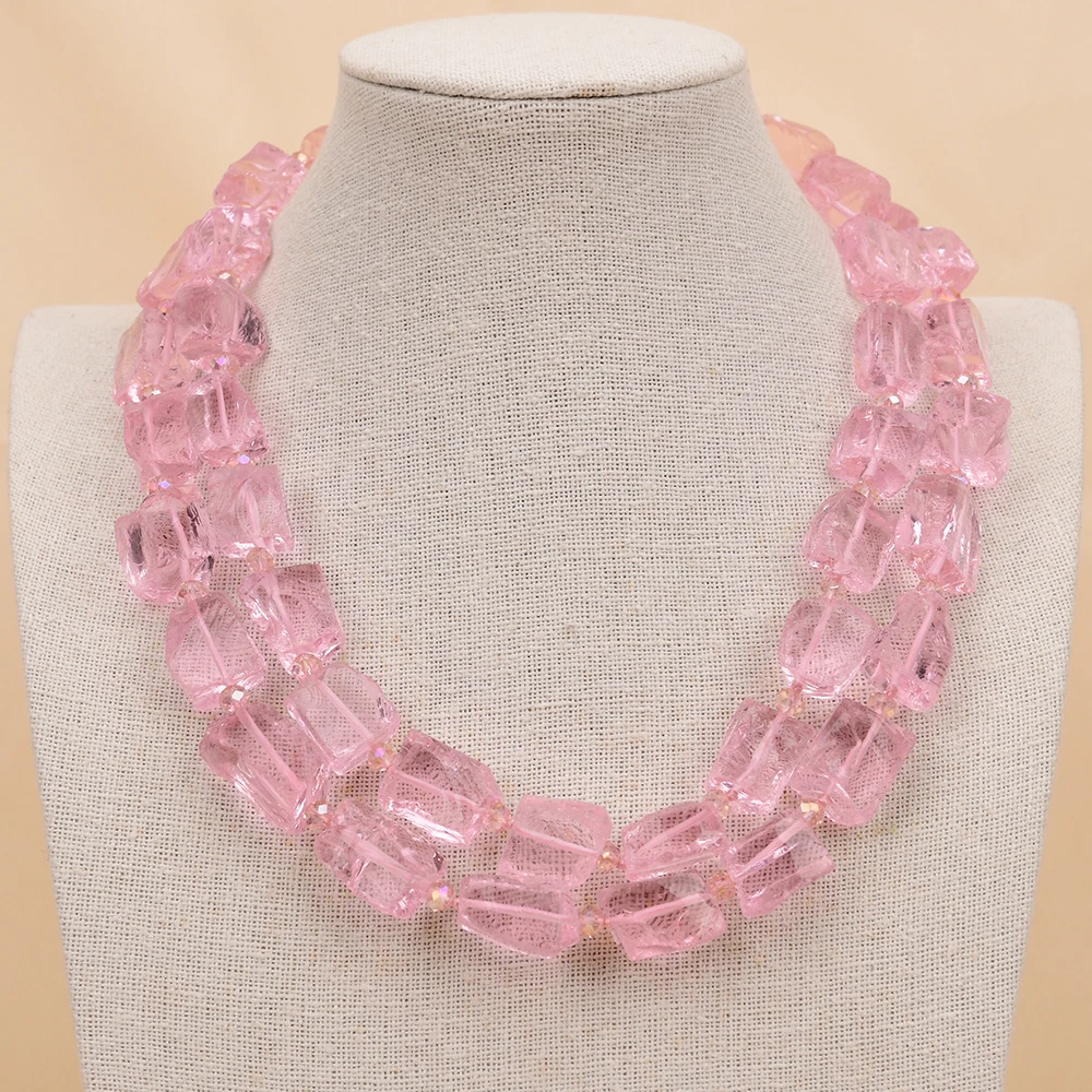 GG 2 Rows Natural Pink Glass Quartz Nugget Rough Crystal Multi Strands Necklace Handmade Lady Heavy Jewelry