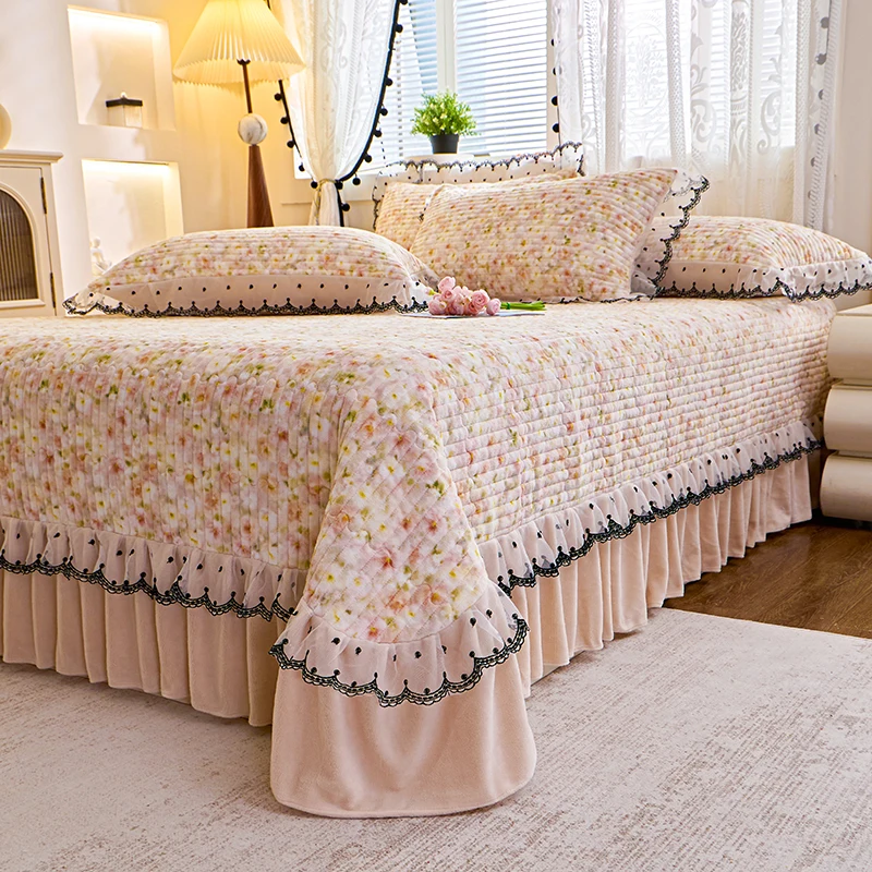 Quilted Bed Skirt Floral Lace Thickened Bedspread For Single Double Bed Cover Coverlet Twin Queen Size Bedding Non Slip Sheet
