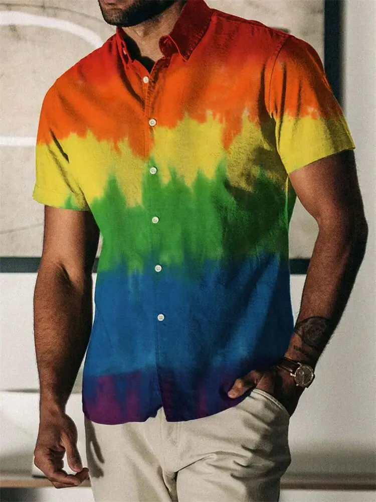 Hawaii Men's Shirts Rainbow Pattern 3D Printing Short Sleeve Lapel Button Casual Streetwear Vintage Floral Social Clothing Sale