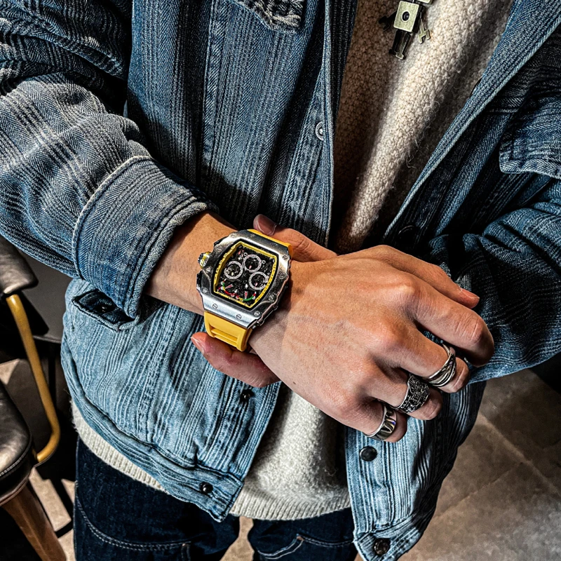 Luxury Multifunctional Chronograph Sports Watch 2023 Yellow Silicone Men\'s Quartz Wristwatch Waterproof Luminous Watch