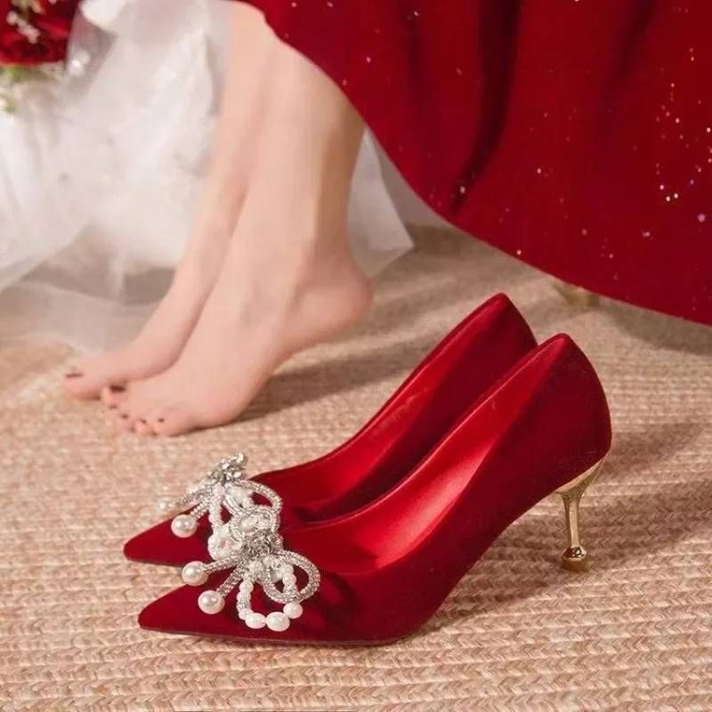 

2026 Red Wedding Shoes 7cm/5cm Bridal Shoes Women's New Pearl Thick Heels/Thin Heels Shallow Mouth Pointed Girl's Shoes