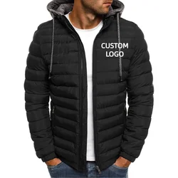 Custom LOGO Men Jacket Brand Winter Warm Zipper Hooded Pocket Fashion Casual Streetwear Windproof Male Cotton-Padded Coat S-3XL