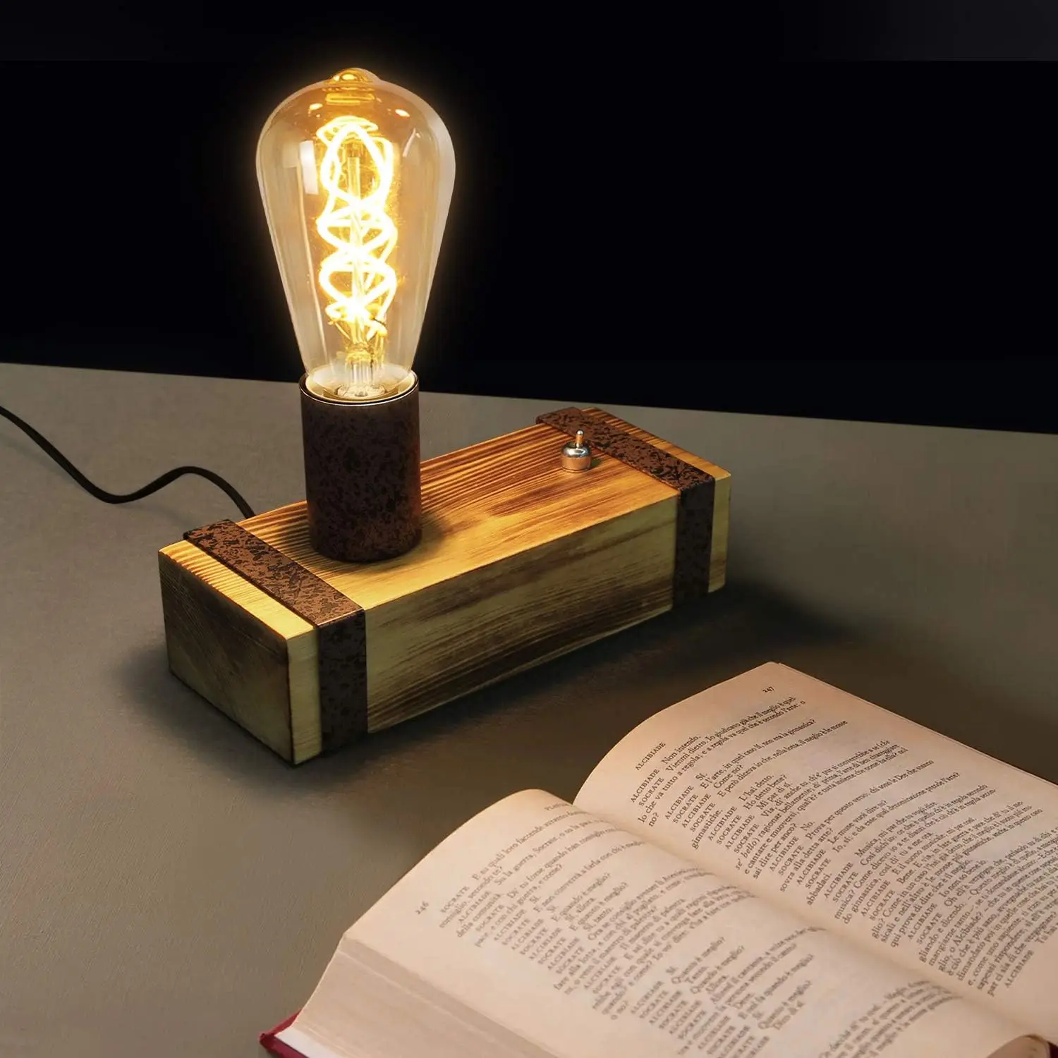 Lampe de table vintage, lampe de table en bois, lampe de chevet rétro, lampe de chevet industrielle E27, lampe de nuit de 20 cm avec prise pour chambre, salon et bureau – ampoule non incluse