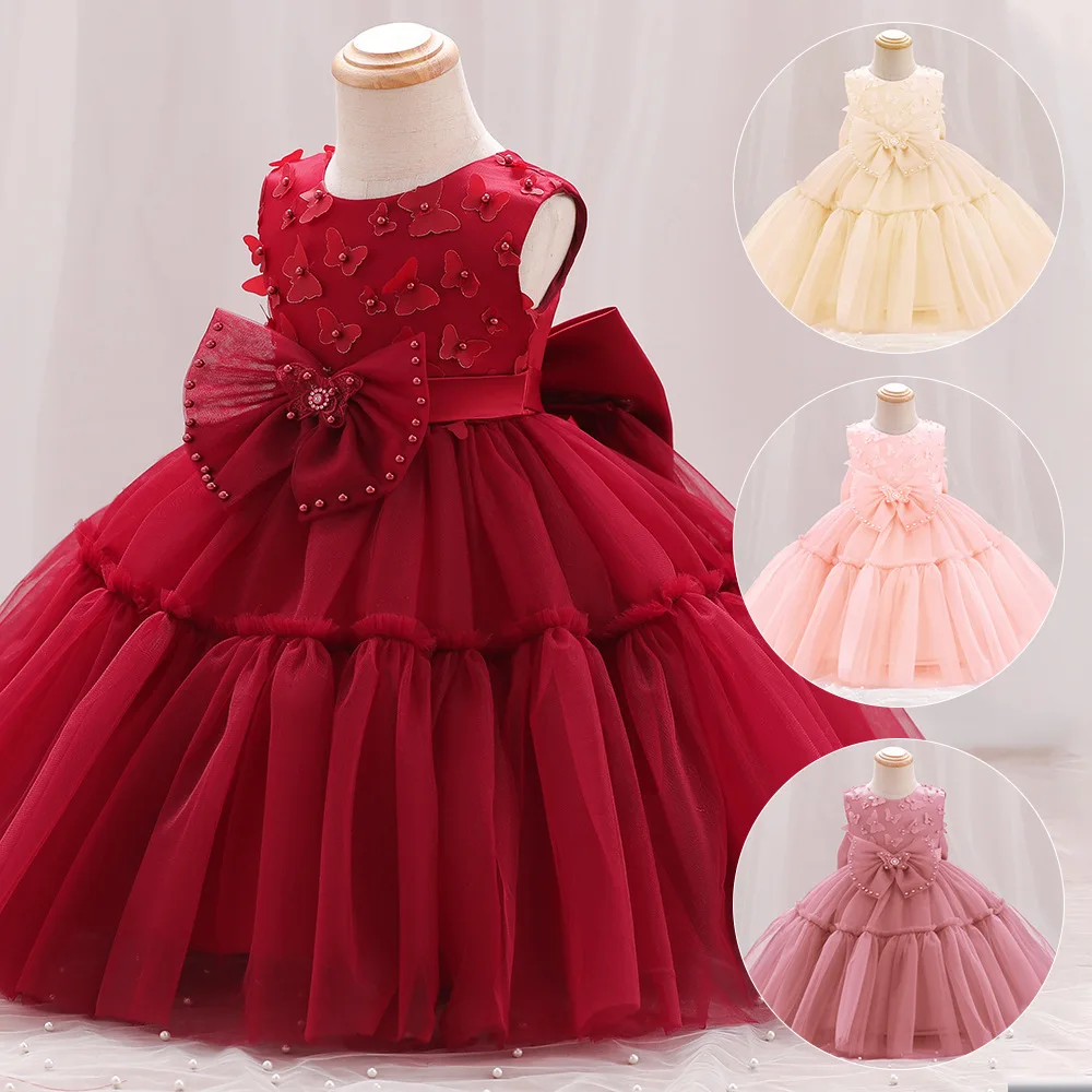 

ELBCOS 1-14T Kid Girls Butterfly Embroidery No-Sleeve Bowknot Belt Puff Skirt Costumes Evening Full Dress