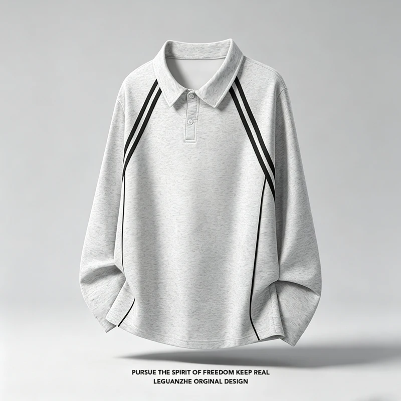 Herren-Polohemd mit Reverskragen, langen Ärmeln, Kontraststreifen-Design, lockerer Passform, weich, atmungsaktiv, Freizeithemd – Detail 5