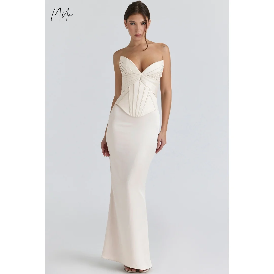 

Beige Strapless Deep V Corset Lace-Up Back Customized Formal Evening Satin Mermaid Gown vestidos de gala Elegant Prom Dresses