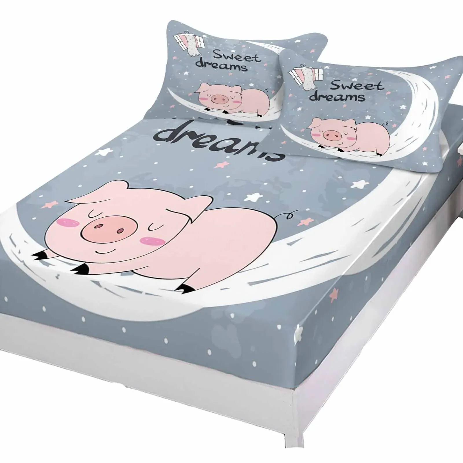 Pig Star Moon Cartoon Queen Size Bed Mattress Fitted sheet Elastic Rubber Band Non-slip Bed Sheet Pillowcase Set