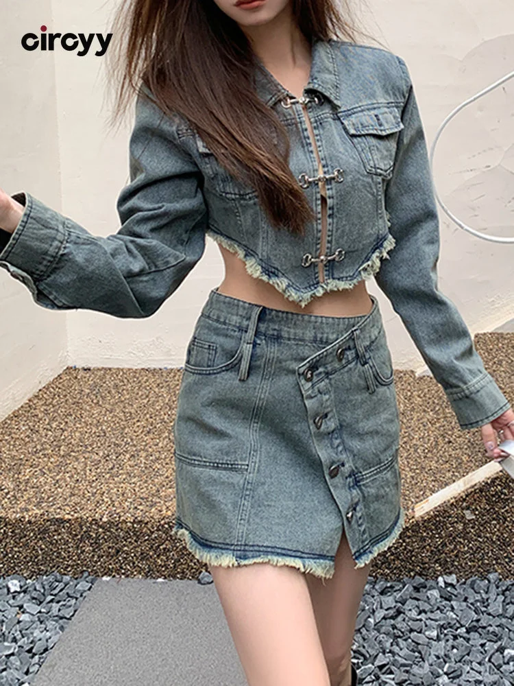 Mini Skirt Sets Women Irregular Short Skirt + Ripped Jeans + Denim Jackets Spring 2023 New Designer Fashion Outfits