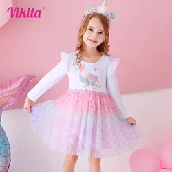 VIKITA Girls Mermaid Print Dress Kids Autumn Spring Long Sleeve Patchwork Dresses Girl Gradient Princess Party Fashion Clothes