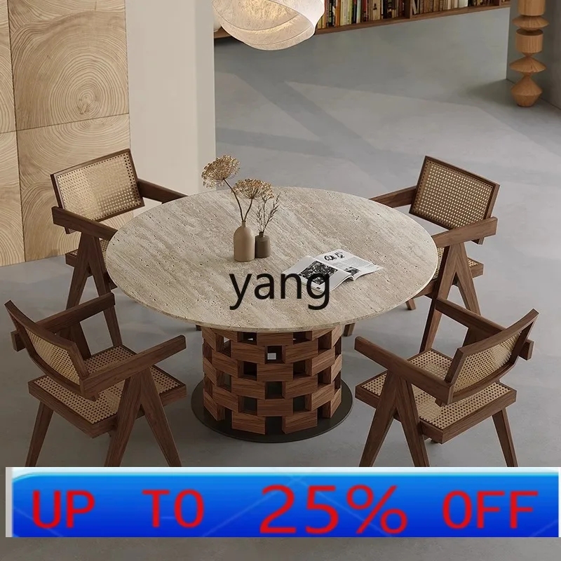 

LTT wabi-sandy travertine round dining table and chair combination light luxury high-end solid wood dining table