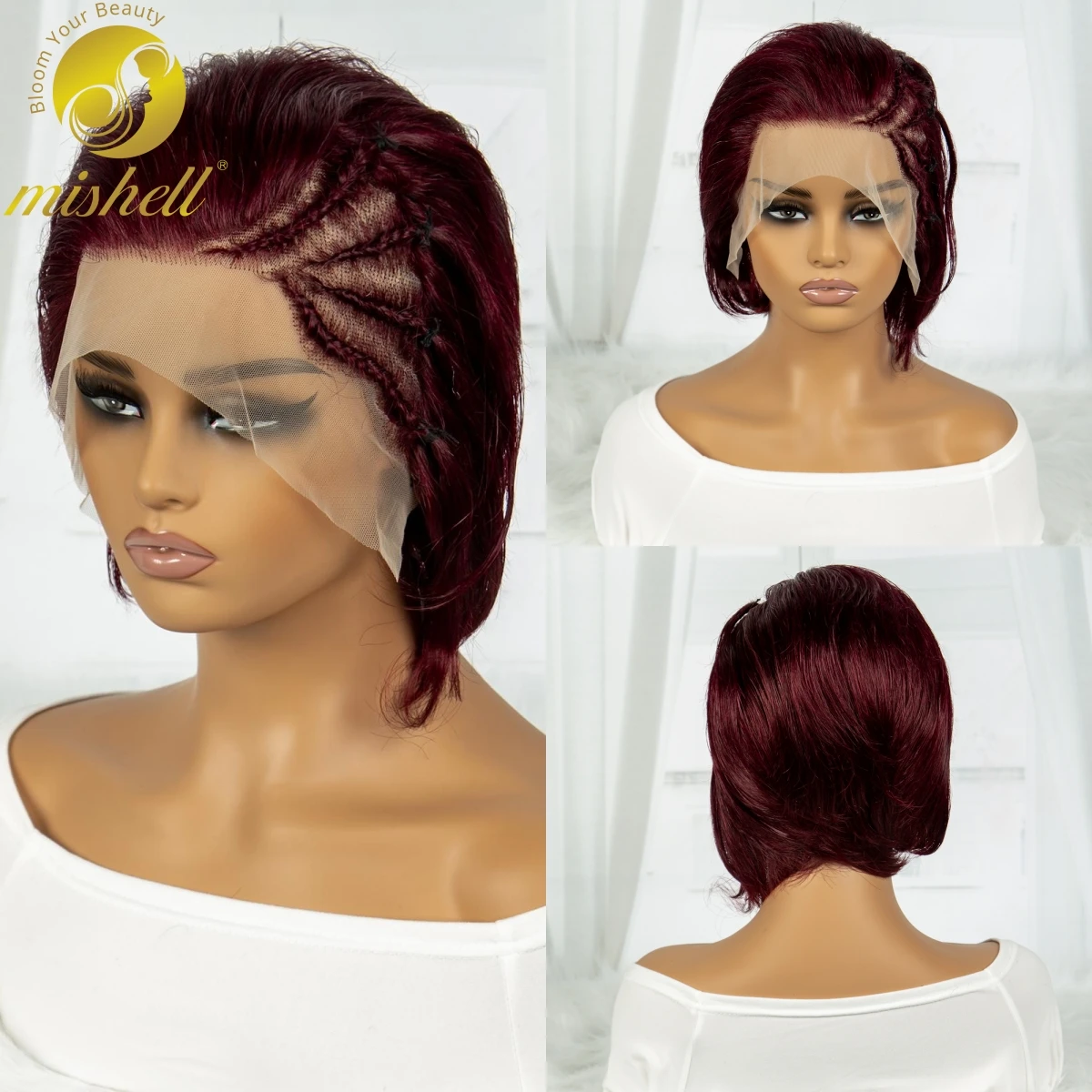 

Pixie Cut Wig with Braids Burgundy 99j Straight Human Hair Wig 13X4 Transparent Full Lace Frontal Wig for Women Cheap Remy Hair