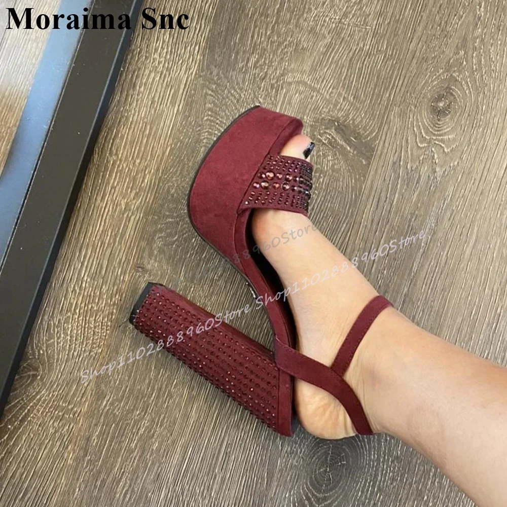

Elegant Red Flock Crystal Platform Sandals Chunky High Heel Women Shoes Ankle Buckle Strap Open Toe 2025 Zapatos Para Mujere