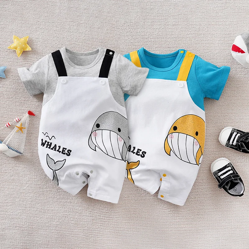 Baby Boy Summer Jumpsuit Cartoon Whale Costume Baby Pure Cotton Short Sleeved Comfortable Round Neck Crawling Suit