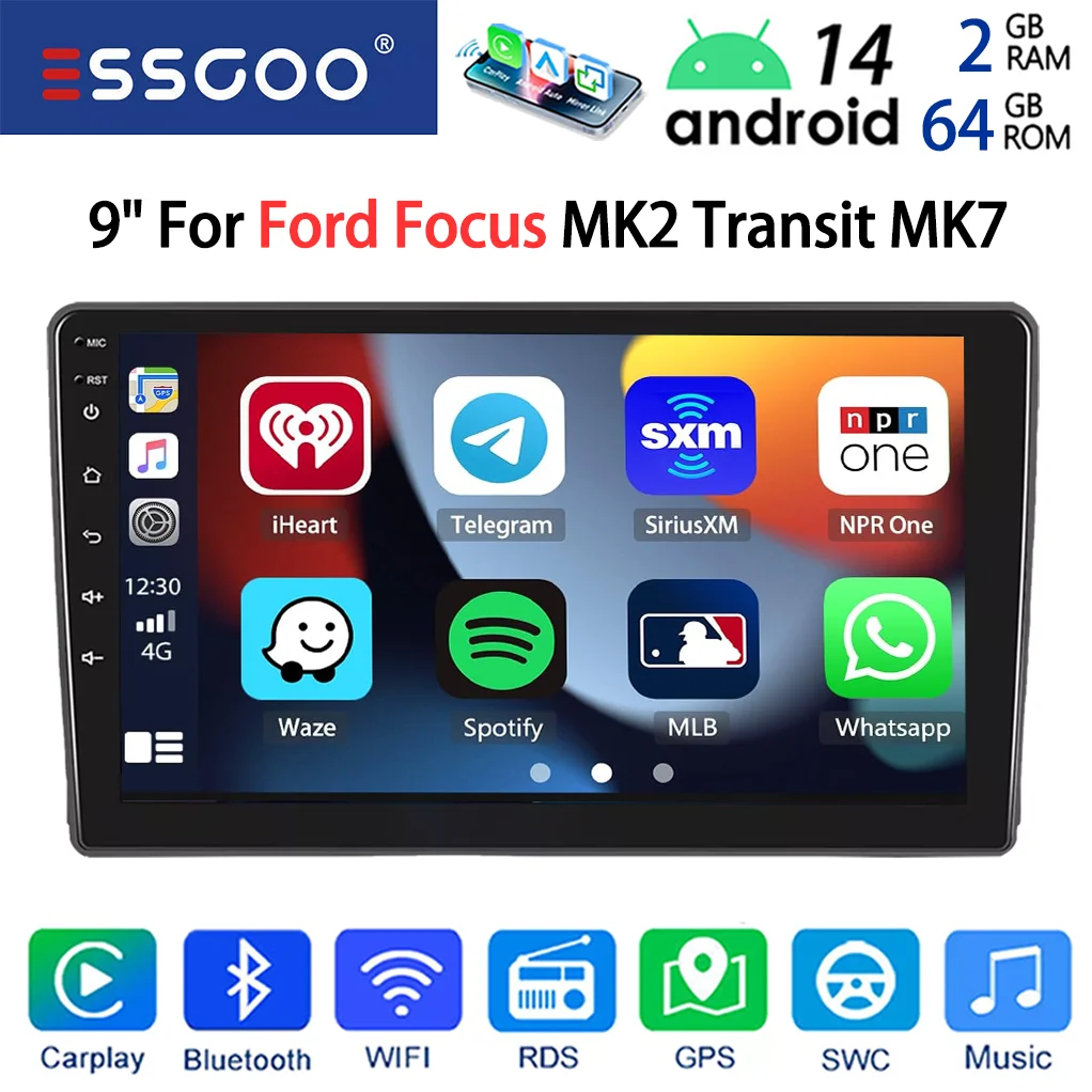 ESSGOO 9" HD Scherm Android 14 Autoradio met Draadloze CarPlay Android Auto voor Ford Transit MK7 Focus Galaxy Connect Fiesta Kuga GPS Navigatie WiFi FM Bluetooth Mirror Link Multimedia Speler
