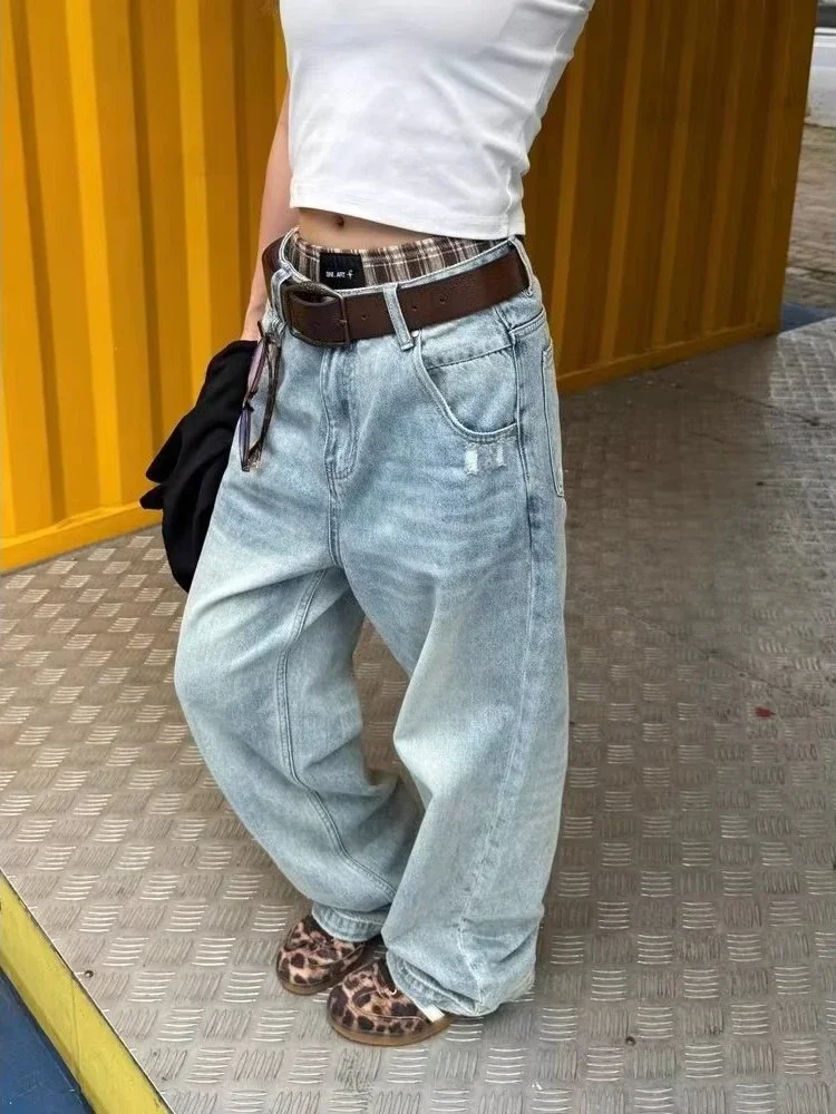 

Женские светло-голубые нейтральные джинсовые брюки в стиле ретро, летние крутые брюки для девочек, винтажные брюки, женские широкие джинсы с высокой талией