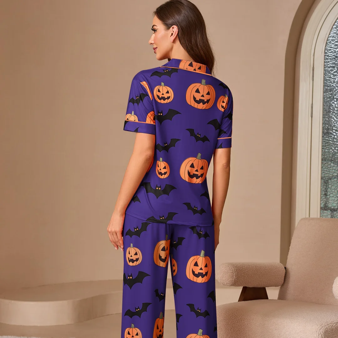 Halloween Themed Pajama with Pumpkin Print Set Cardigan Fashionable Short Sleeved Shirt Long Pants Home Wear for Female