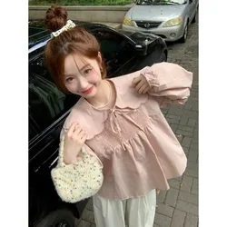 Cute Women Shirt Korean Style Long Sleeve Top Female Autumn Peter Pan Collar Solid Fashion Woman Blouse 2024 Ruffles Clothes New